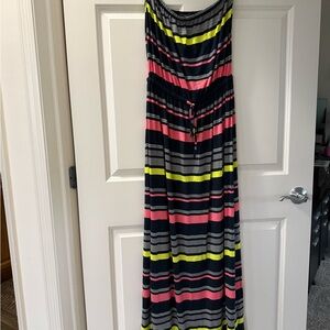 Striped Maxi Dress with Pink and Yellow Accents